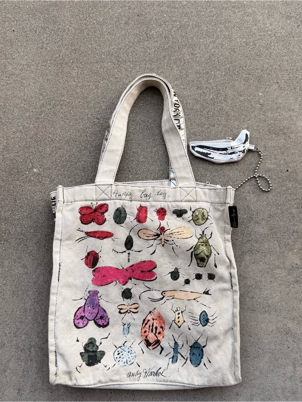 Andy Warhol Canvas Tote Bag with Multicolor Happy Bug Day Print - Natural